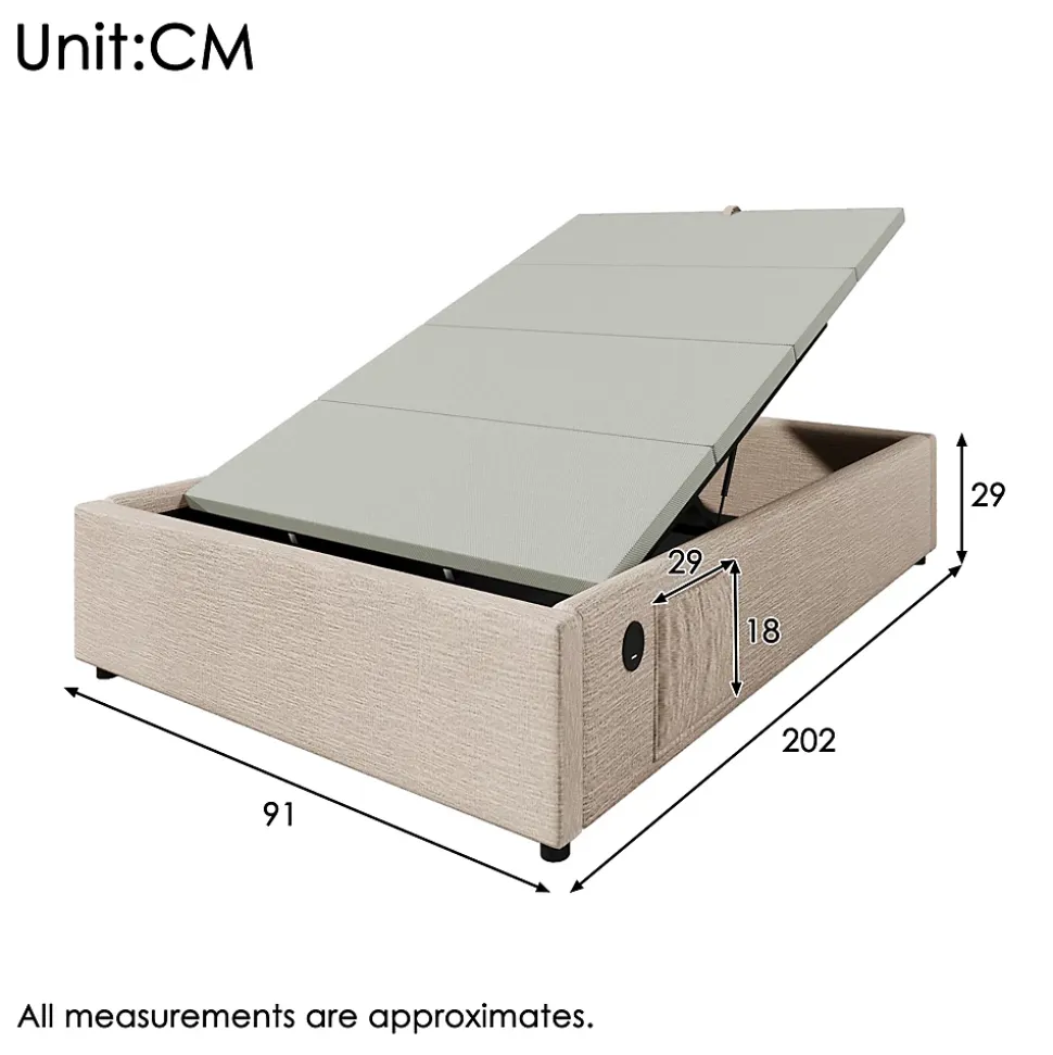 Lit 90x200 cm sommier relevable avec coffre de rangement tapissé lin naturel USB et Type C intégrés