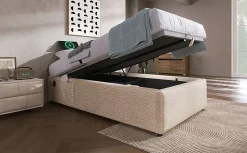 Lit 90x200 cm sommier relevable avec coffre de rangement tapissé lin naturel USB et Type C intégrés