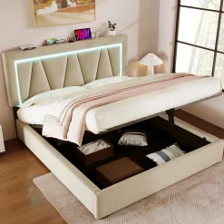 Lit 160x200 cm sommier relevable avec coffre de rangement et tête de lit réglable, tapissé lin beige