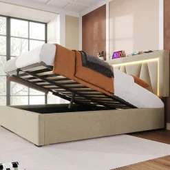 Lit 160x200 cm sommier relevable avec coffre de rangement et tête de lit réglable, tapissé lin beige