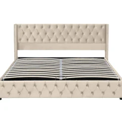 Lit 160x200 cm style Chesterfield avec tête haute 94,5 cm, revêtement velours beige et rangement hydraulique