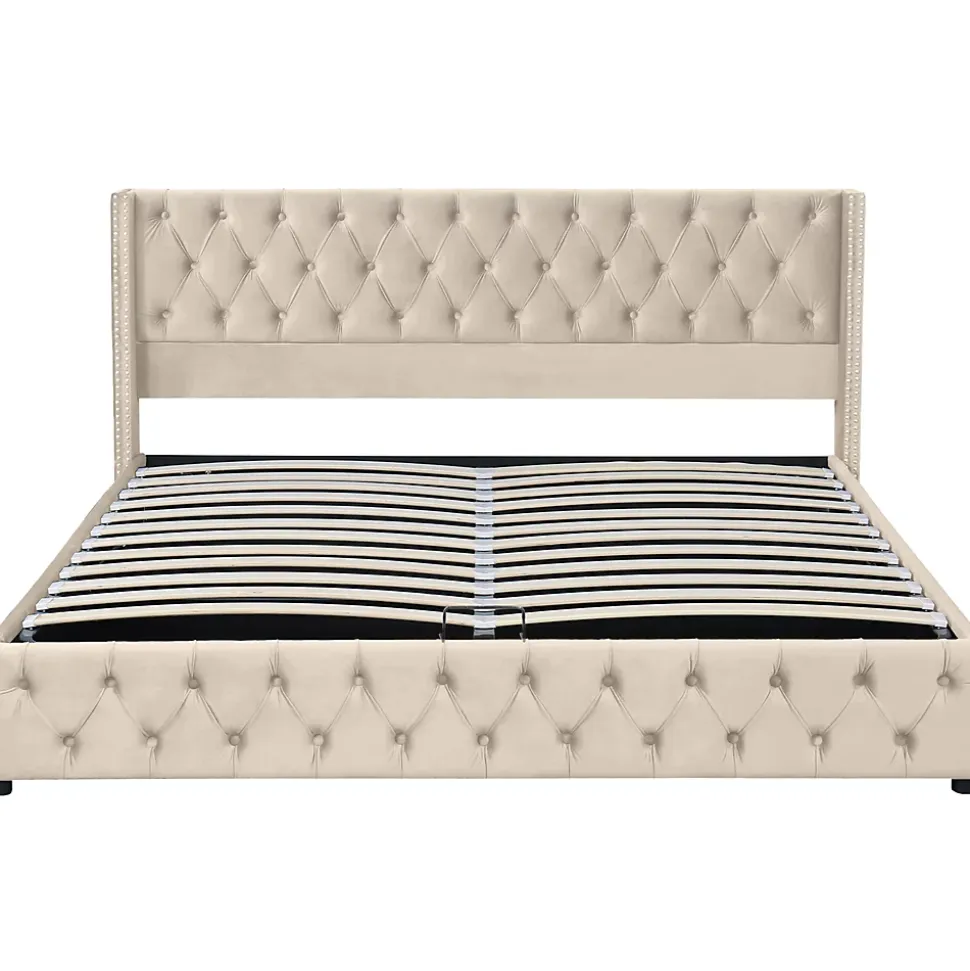 Lit 160x200 cm style Chesterfield avec tête haute 94,5 cm, revêtement velours beige et rangement hydraulique