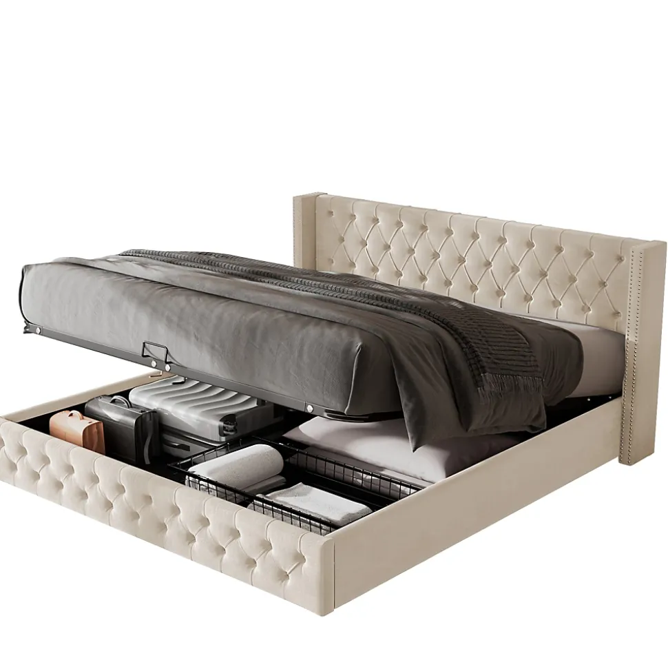 Lit 160x200 cm style Chesterfield avec tête haute 94,5 cm, revêtement velours beige et rangement hydraulique
