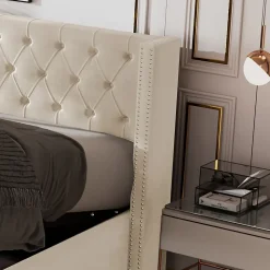 Lit 160x200 cm style Chesterfield avec tête haute 94,5 cm, revêtement velours beige et rangement hydraulique