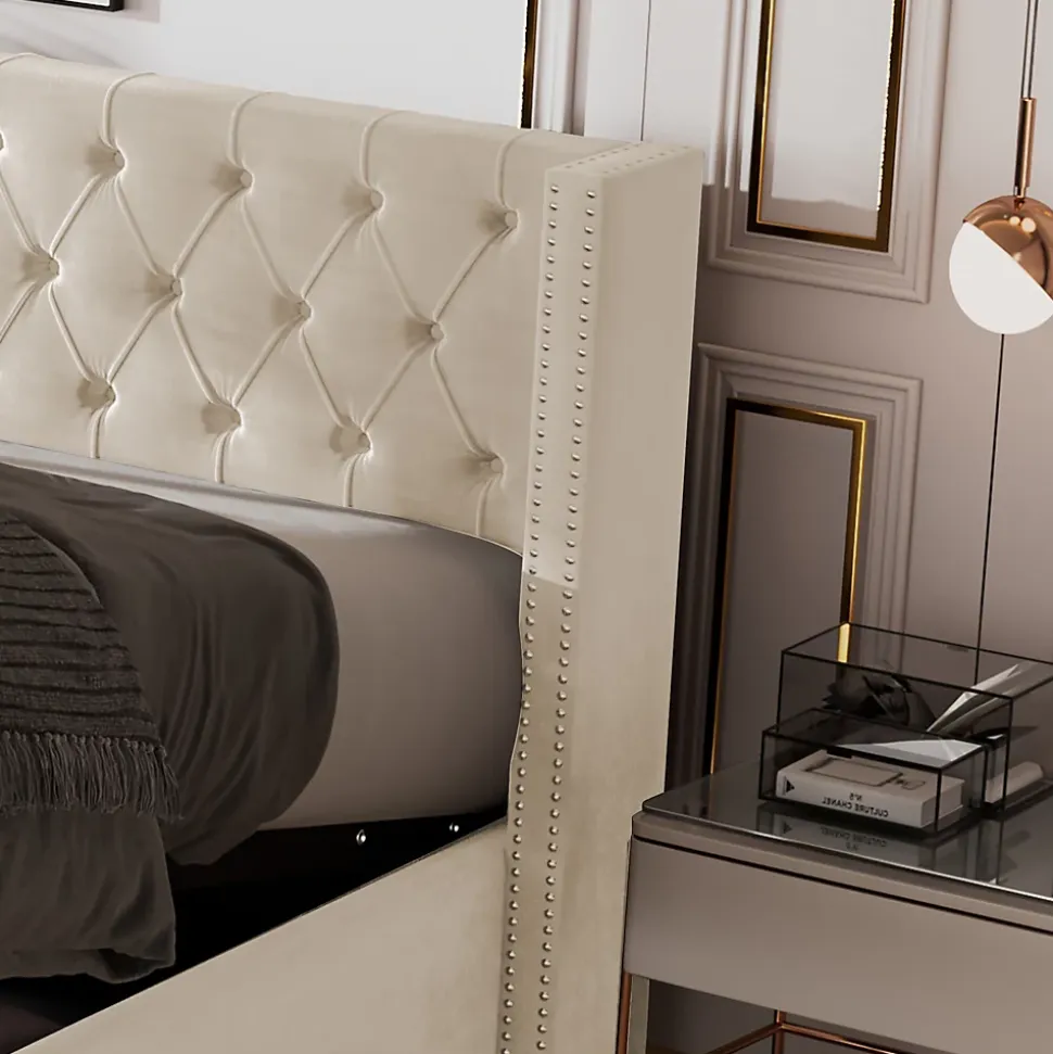 Lit 160x200 cm style Chesterfield avec tête haute 94,5 cm, revêtement velours beige et rangement hydraulique