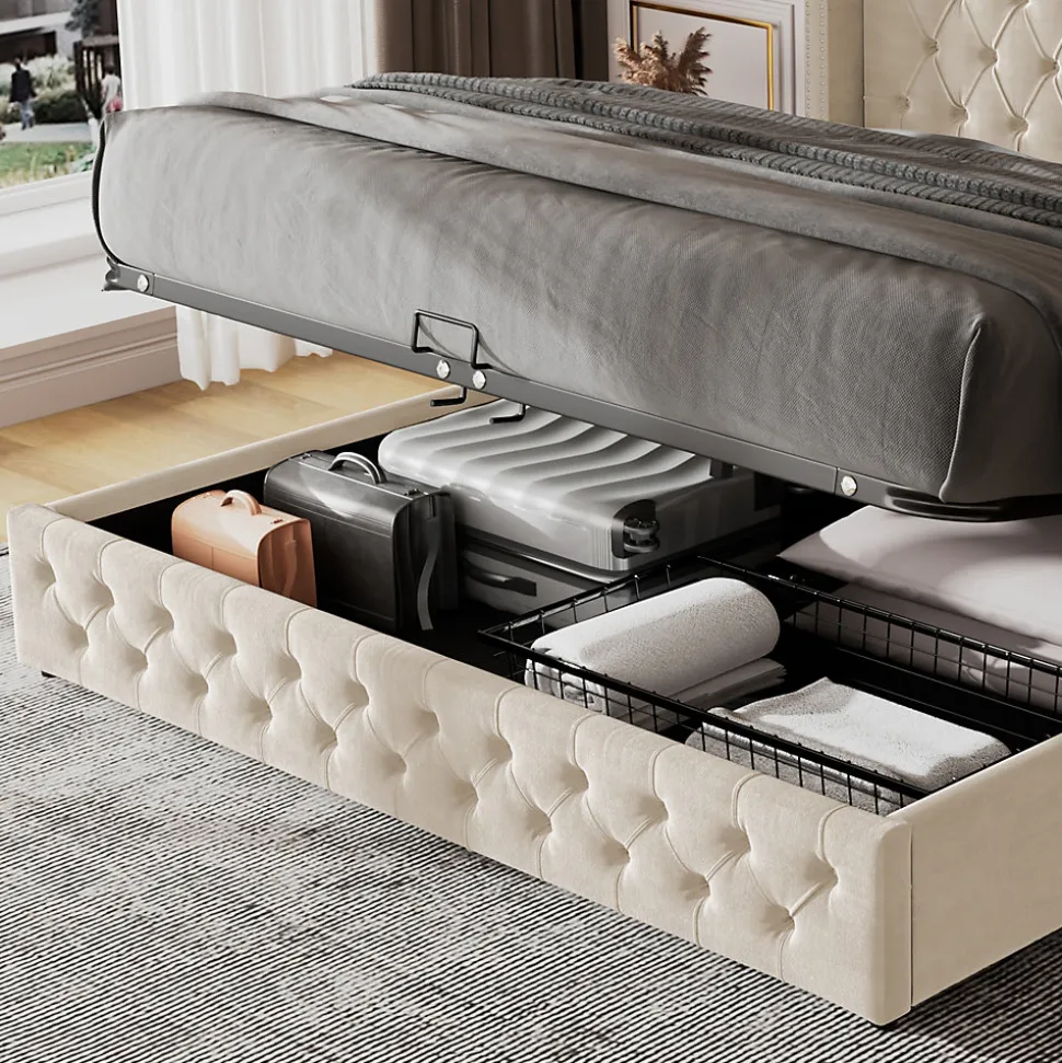 Lit 160x200 cm style Chesterfield avec tête haute 94,5 cm, revêtement velours beige et rangement hydraulique