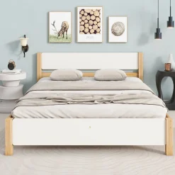 Lit 140x200 cm, style intemporel blanc et bois, tête et pied en MDF, cadre pin massif avec pieds centraux