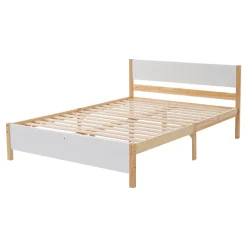 Lit 140x200 cm, style intemporel blanc et bois, tête et pied en MDF, cadre pin massif avec pieds centraux