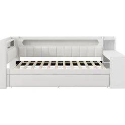 Lit 90x200 cm tapissé avec éclairage LED et ports USB, tiroir gigogne et bureau intégré de couleur blanche