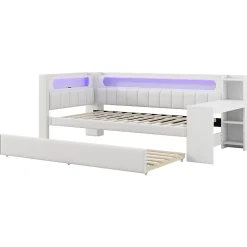 Lit 90x200 cm tapissé avec éclairage LED et ports USB, tiroir gigogne et bureau intégré de couleur blanche