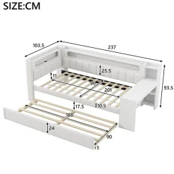 Lit 90x200 cm tapissé avec éclairage LED et ports USB, tiroir gigogne et bureau intégré de couleur blanche