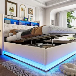 Lit 180x200 cm tapissé beige avec LED multicolore et rangement hydraulique, cadre métal stable
