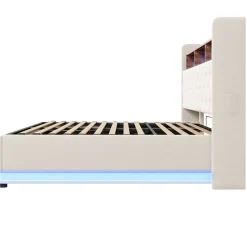 Lit 180x200 cm tapissé beige avec LED multicolore et rangement hydraulique, cadre métal stable