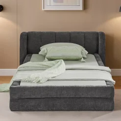 Lit 90x200 cm tapissé chenille Dark Gray avec tête de lit ergonomique et profil bas minimaliste