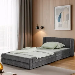 Lit 90x200 cm tapissé chenille Dark Gray avec tête de lit ergonomique et profil bas minimaliste