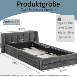 Lit 90x200 cm tapissé chenille Dark Gray avec tête de lit ergonomique et profil bas minimaliste