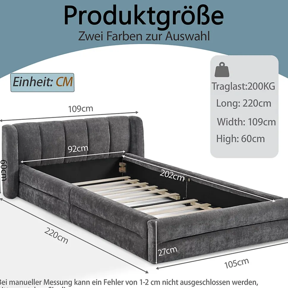 Lit 90x200 cm tapissé chenille Dark Gray avec tête de lit ergonomique et profil bas minimaliste