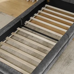 Lit 90x200 cm tapissé chenille Dark Gray avec tête de lit ergonomique et profil bas minimaliste