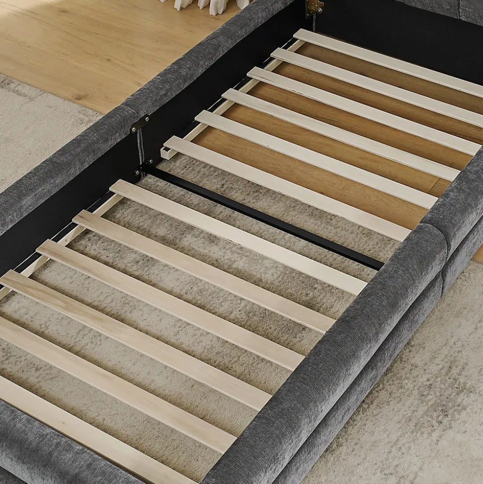 Lit 90x200 cm tapissé chenille Dark Gray avec tête de lit ergonomique et profil bas minimaliste