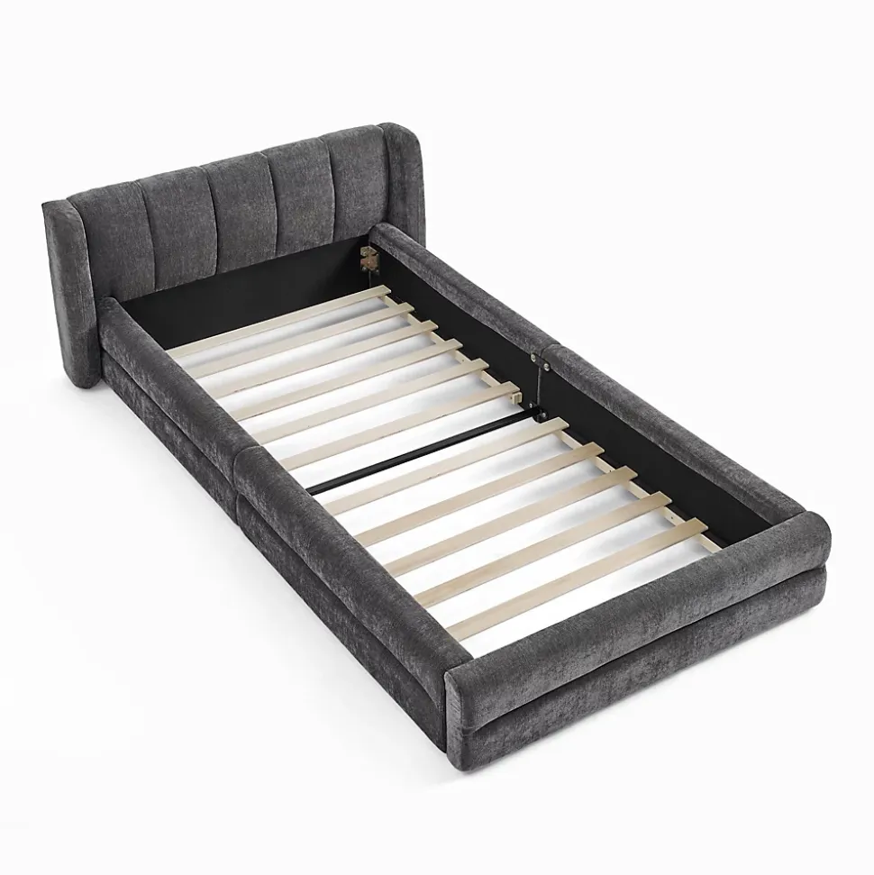 Lit 90x200 cm tapissé chenille Dark Gray avec tête de lit ergonomique et profil bas minimaliste