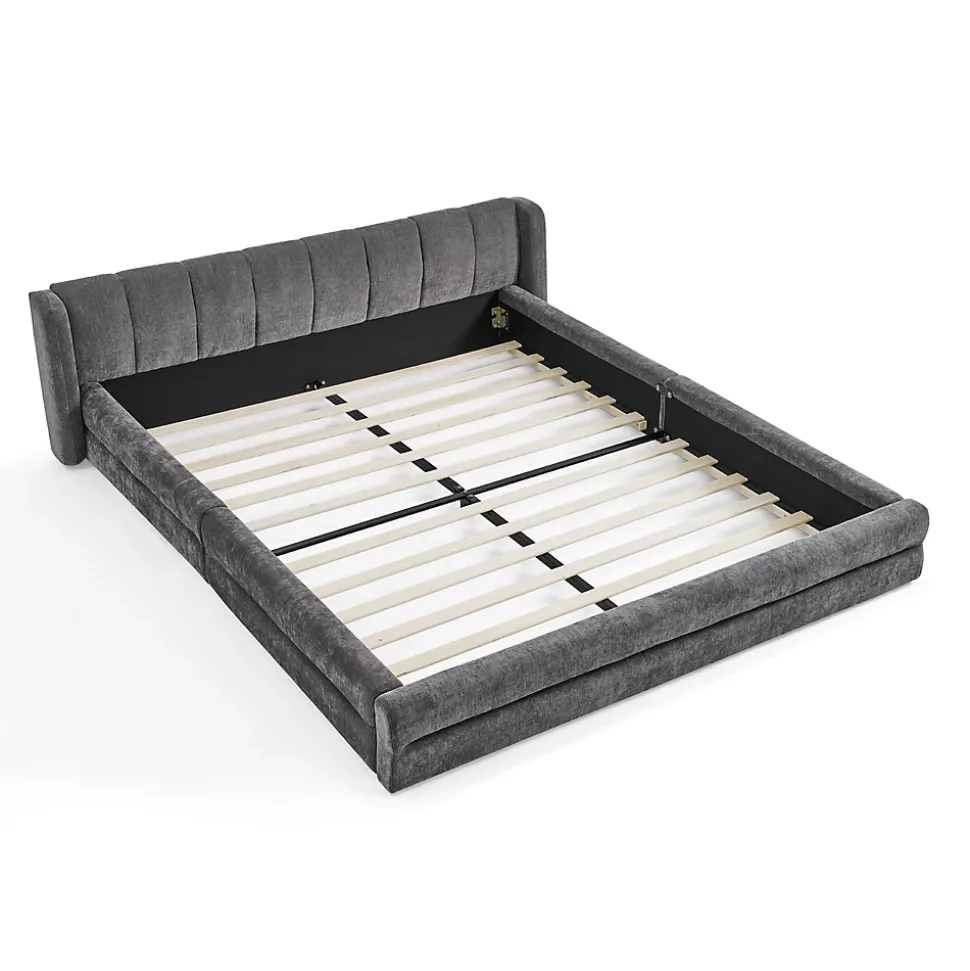 Lit 140x200 cm tapissé chenille avec tête matelassée et structure renforcée, gris foncé, design scandinave