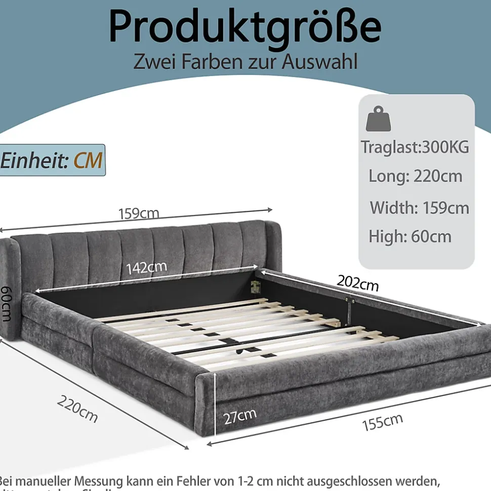 Lit 140x200 cm tapissé chenille avec tête matelassée et structure renforcée, gris foncé, design scandinave