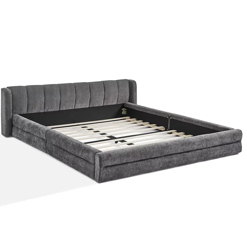 Lit 140x200 cm tapissé chenille avec tête matelassée et structure renforcée, gris foncé, design scandinave