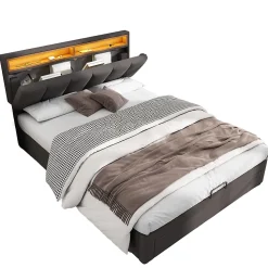 Lit 140x190 cm tapissé effet lin avec tête de lit à éclairage LED, rangement sous le lit et structure acier