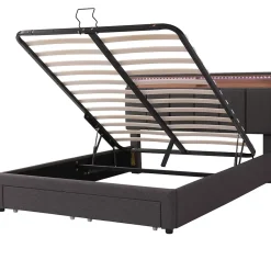 Lit 140x190 cm tapissé effet lin avec tête de lit à éclairage LED, rangement sous le lit et structure acier