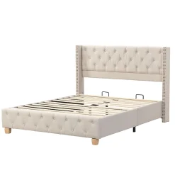 Lit 160x200 cm tapissé en lin avec tête capitonnée et clous décoratifs, pieds renforcés beiges