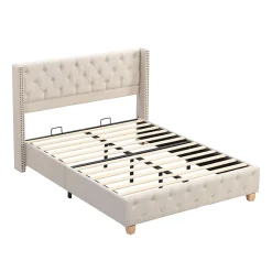 Lit 160x200 cm tapissé en lin avec tête capitonnée et clous décoratifs, pieds renforcés beiges