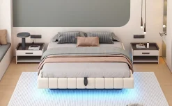 Lit 180x200 cm tapissé en lin beige avec rangement hydraulique et bande LED intégrée, sans tête, cadre métal robuste