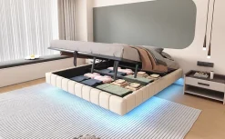 Lit 180x200 cm tapissé en lin beige avec rangement hydraulique et bande LED intégrée, sans tête, cadre métal robuste