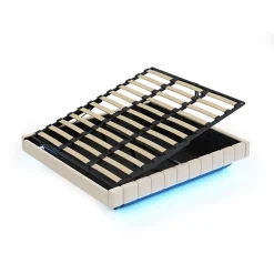 Lit 180x200 cm tapissé en lin beige avec rangement hydraulique et bande LED intégrée, sans tête, cadre métal robuste