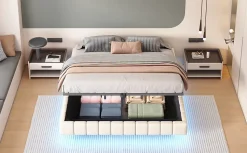 Lit 180x200 cm tapissé en lin beige avec rangement hydraulique et bande LED intégrée, sans tête, cadre métal robuste