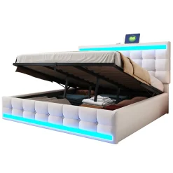 Lit 180x200 cm tapissé en lin beige avec bande LED RGB intégrée, tête de lit réglable et ports USB