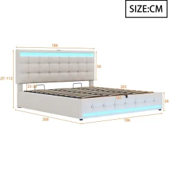Lit 180x200 cm tapissé en lin beige avec bande LED RGB intégrée, tête de lit réglable et ports USB