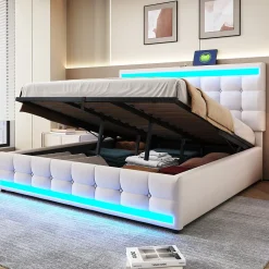 Lit 180x200 cm tapissé en lin beige avec bande LED RGB intégrée, tête de lit réglable et ports USB