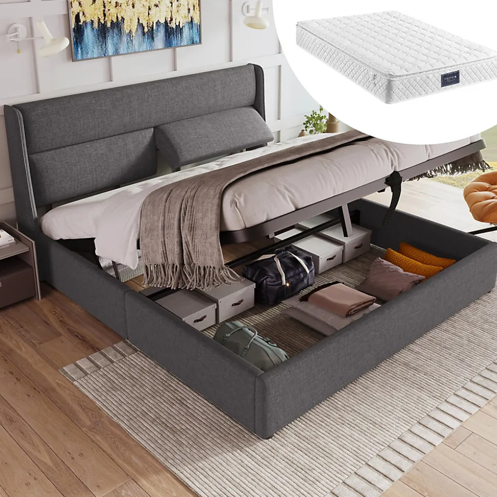 Lit 160x200 cm tapissé en lin gris avec tête de lit réglable et coffre de rangement hydraulique