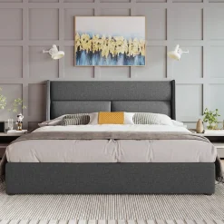 Lit 160x200 cm tapissé en lin gris avec tête de lit réglable et coffre de rangement hydraulique