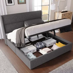 Lit 160x200 cm tapissé en lin gris avec tête de lit réglable et coffre de rangement hydraulique