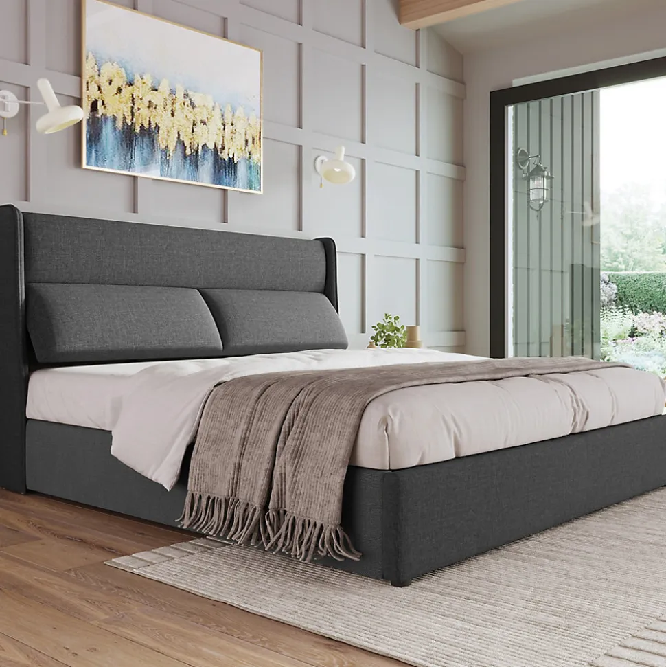 Lit 160x200 cm tapissé en lin gris avec tête de lit réglable et coffre de rangement hydraulique