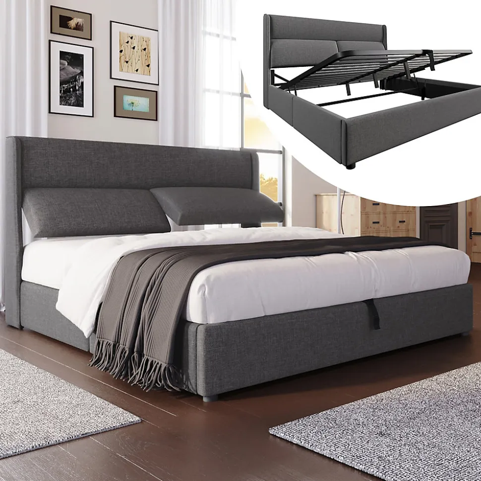Lit 160x200 cm tapissé en lin gris avec tête de lit réglable et coffre de rangement hydraulique