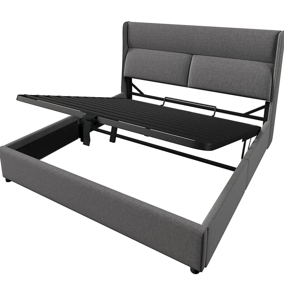 Lit 160x200 cm tapissé en lin gris avec tête de lit réglable et coffre de rangement hydraulique
