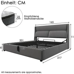 Lit 160x200 cm tapissé en lin gris avec tête de lit réglable et coffre de rangement hydraulique