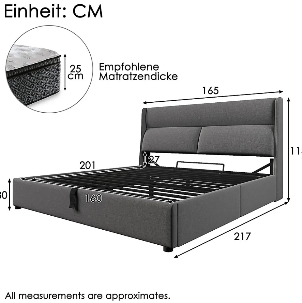 Lit 160x200 cm tapissé en lin gris avec tête de lit réglable et coffre de rangement hydraulique