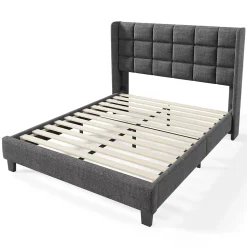 Lit 140x200 cm tapissé en lin gris, tête de lit haute et rembourrée, sommier à lattes intégré, pieds noirs