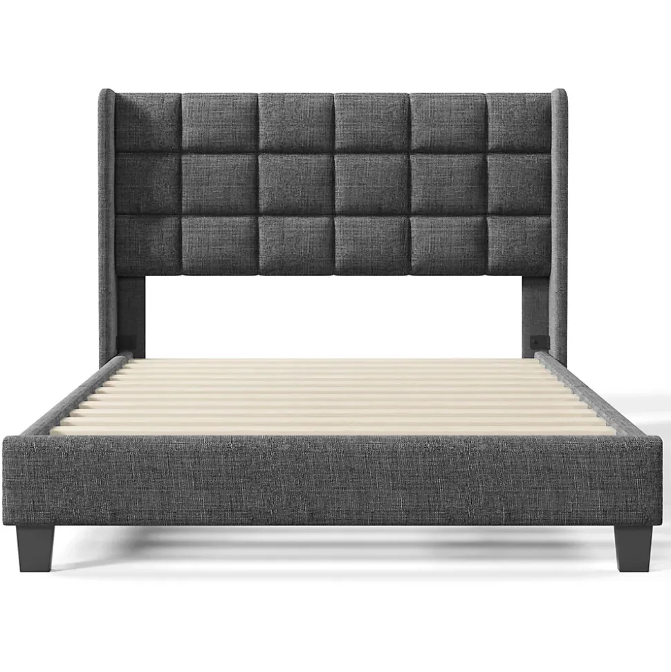 Lit 140x200 cm tapissé en lin gris, tête de lit haute et rembourrée, sommier à lattes intégré, pieds noirs