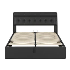 Lit 160x200 cm tapissé en PU noir avec coffre de rangement hydraulique et tête de lit à rangement discret