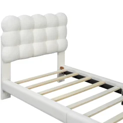 Lit 90x200 cm tapissé en tissu peluche blanc avec tête de lit réglable 3 positions, structure MDF, style moderne et épuré